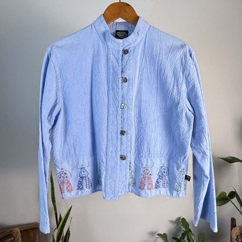 Vintage Embroidered Applique Novelty Button Shirt | Patchwork Cotton Denim Style